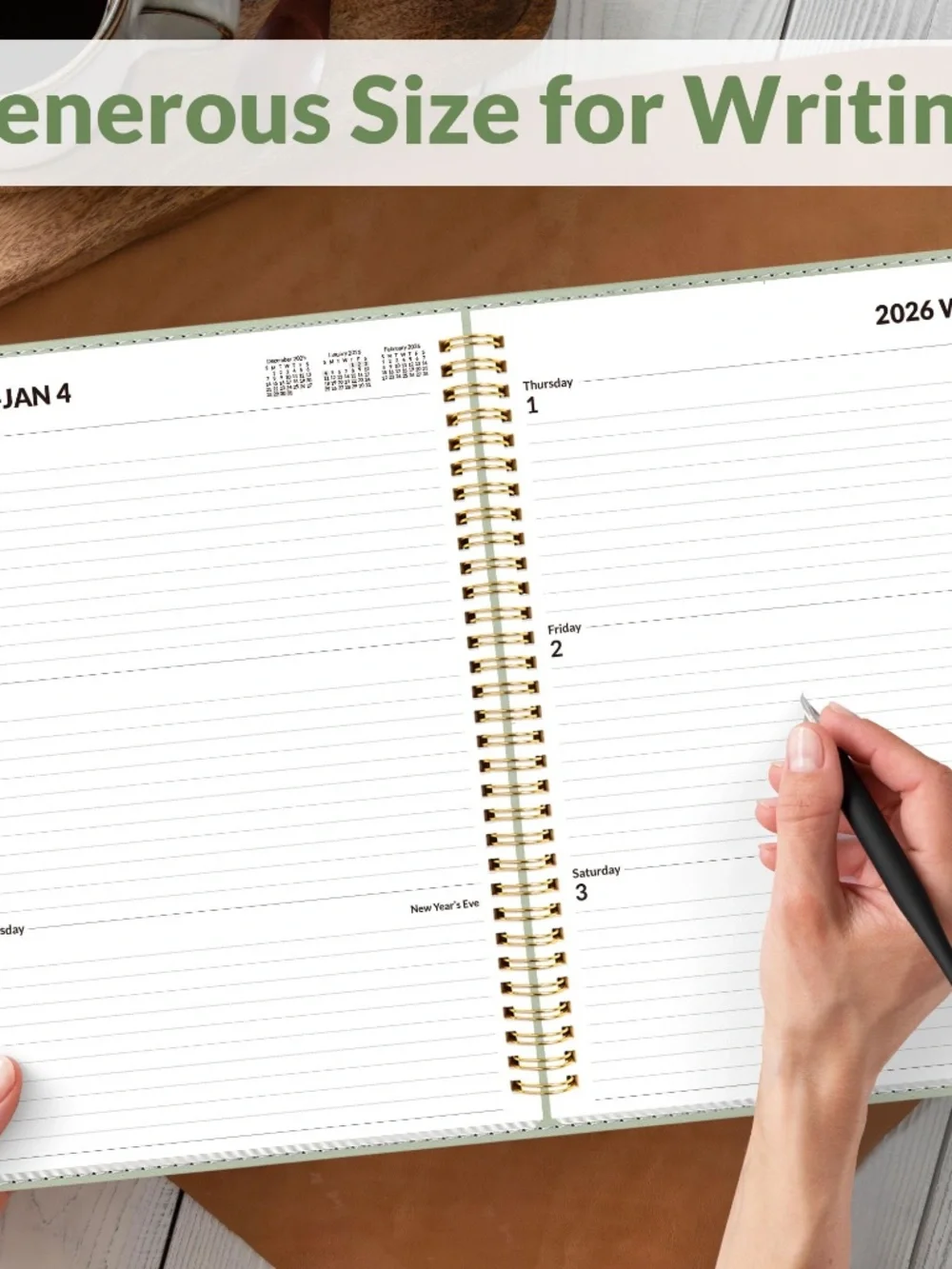 '26 Weekly/Monthly Cal/Planner, Vegan Leather, Bookmark, Tabs, Sage (ASIN-VDF5)